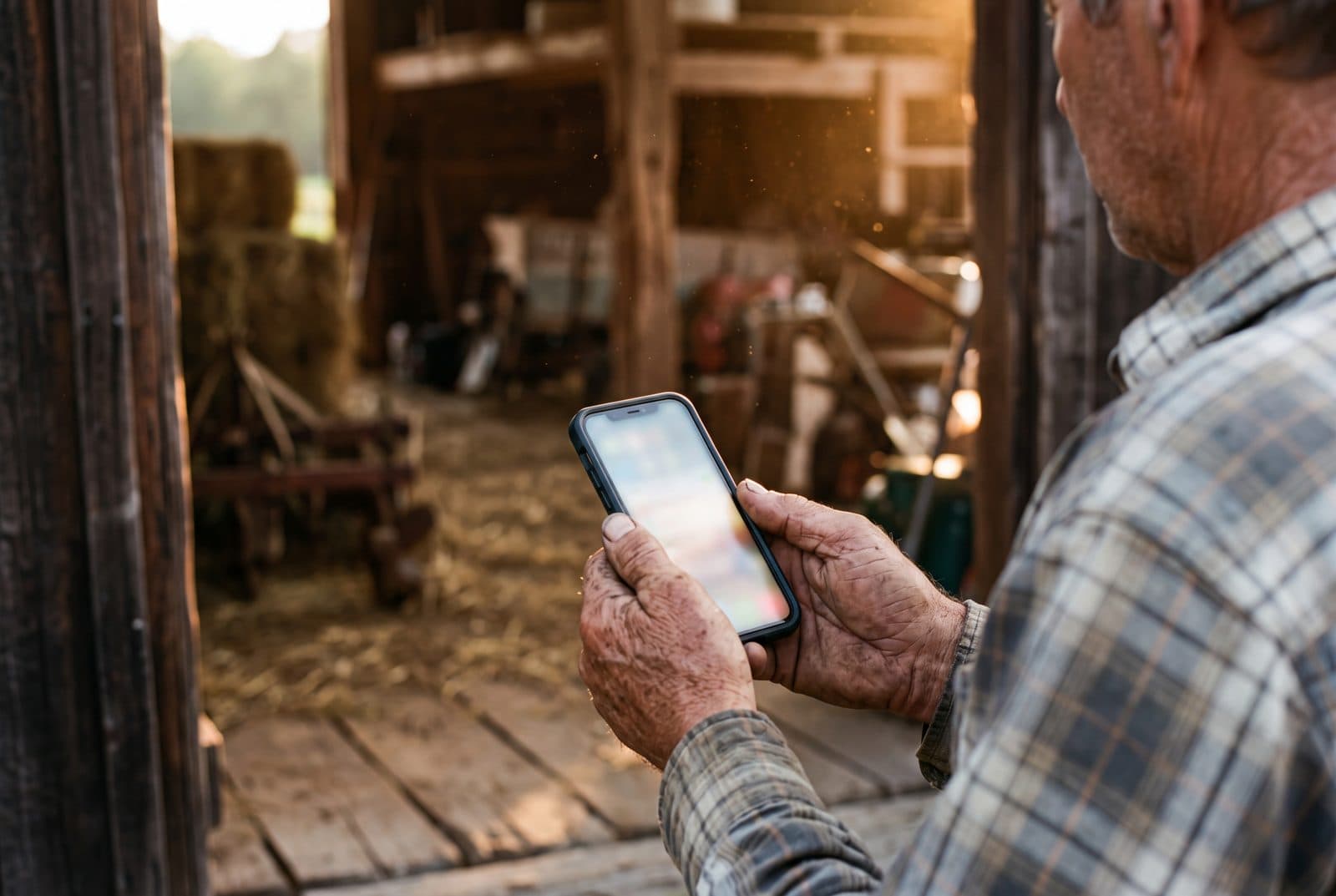 Bauer blickt im Scheunentor auf sein Telefon