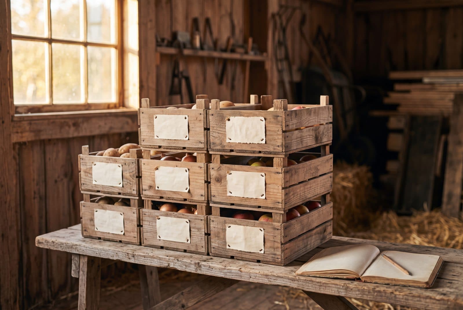 Beschriftete Holzkisten mit Obst und Gemüse, daneben ein aufgeschlagenes Buch
